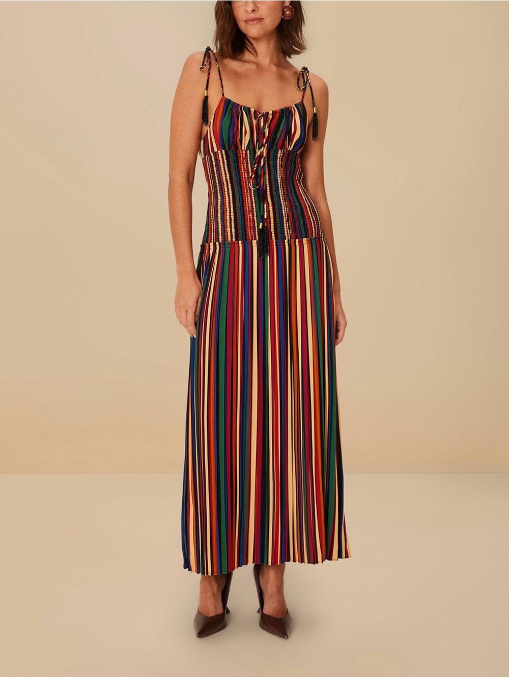 Farm Rio Rainbow Stripe Midi Dress M Boho Lace Up Tassel Resort Vacation